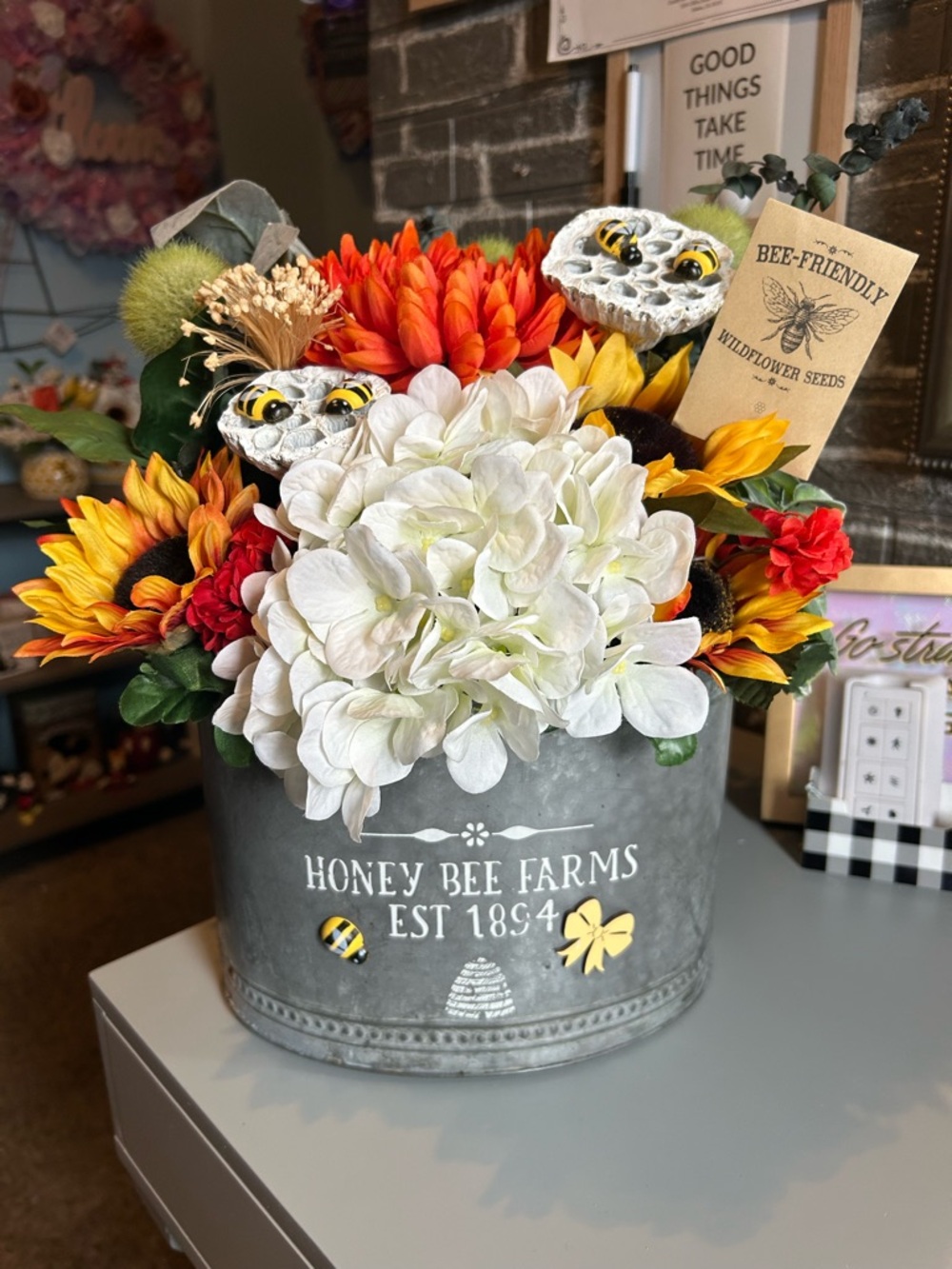 Hand Crafted White, Orange & Yellow Faux Floral Planter